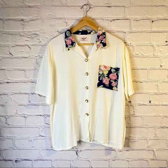 Vintage Landon West Creamy Off White Button Up w Floral Trim Women’s Shirt Large - Picture 5 of 6
